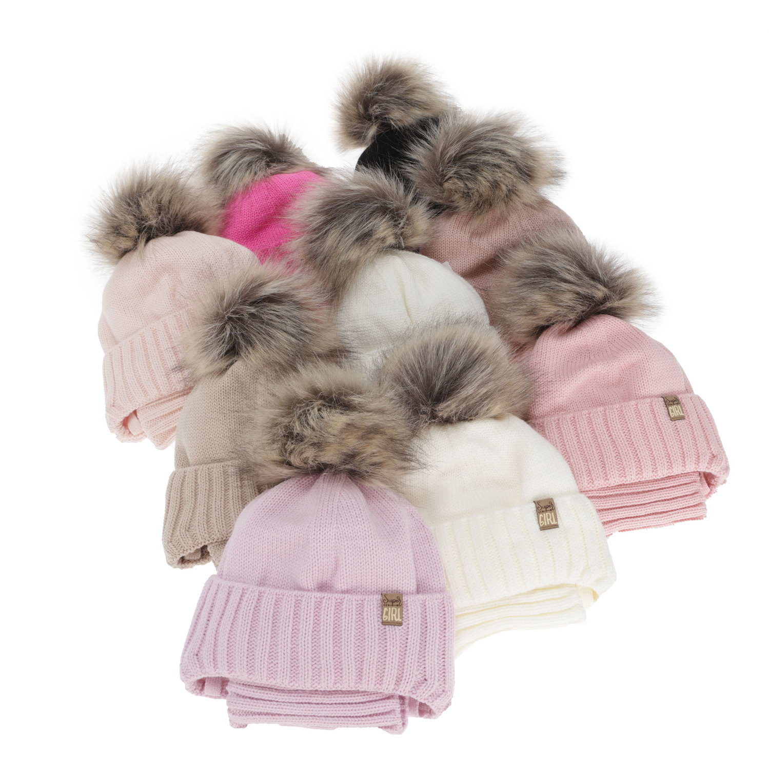 Meisjes winter set (muts en buissjaal), crème, met pompon, Primula