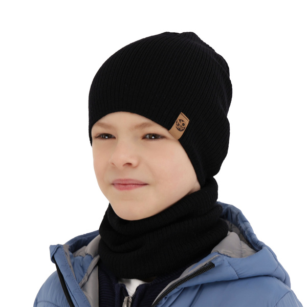 Ensemble automne/printemps garçon: bonnet et snood, noir, avec laine mérinos, Richi