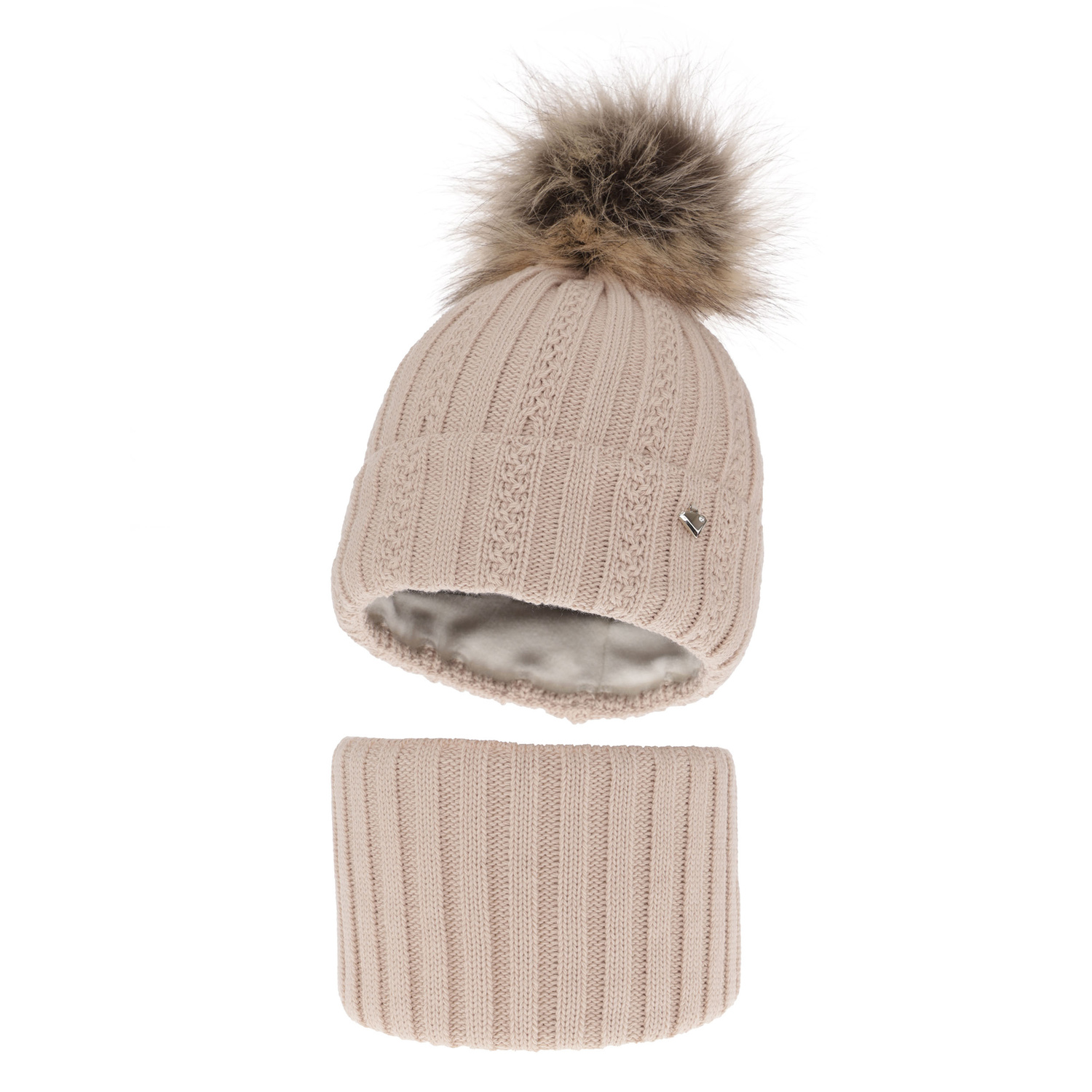 Ensemble d'hiver fille: bonnet et snood, beige, avec pompon, Wirginia