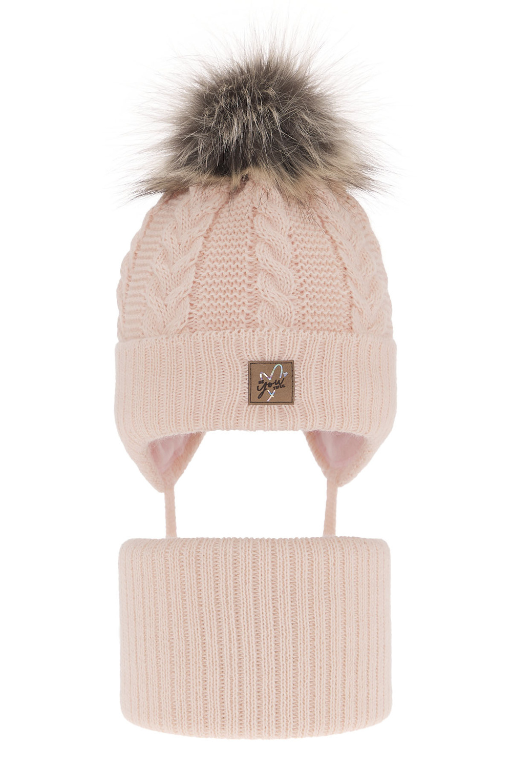 Ensemble d'hiver fille: bonnet et snood, rose clair, avec pompon, wiązany, Finess