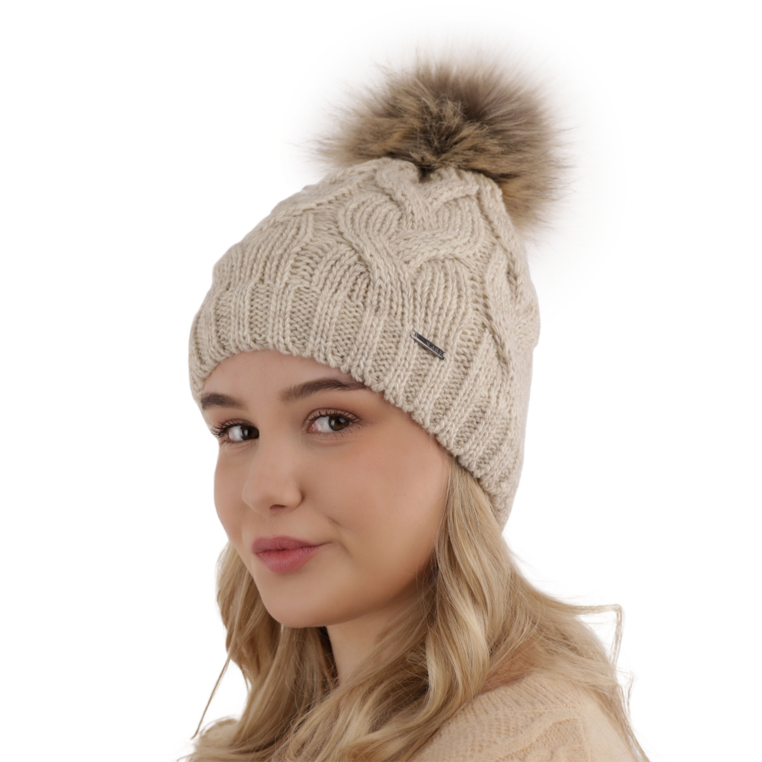 Bonnet d'hiver femme, blanc, avec pompon, Terri