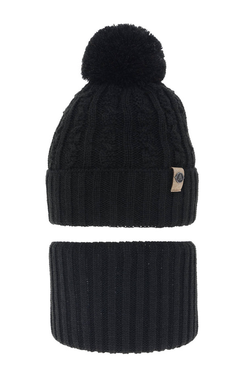 Ensemble d'hiver garçon: bonnet et snood, noir, avec pompon, Almond