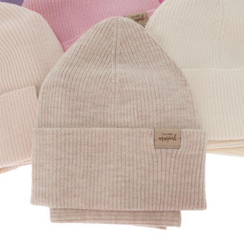 Meisjes herfst/lente set (muts en buissjaal), beige, 100% Merino Wol, Magenta