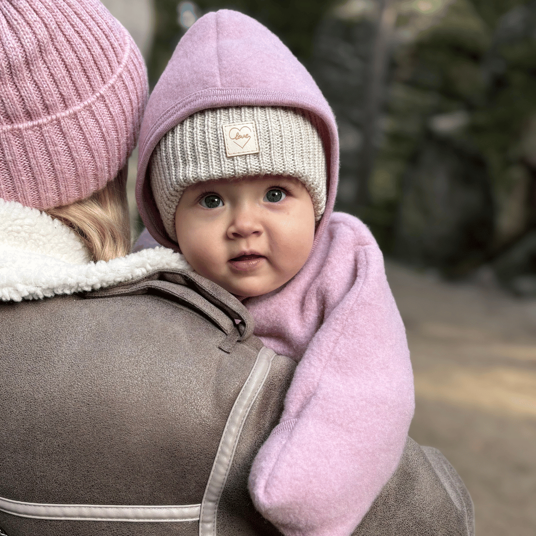 Bonnet d'hiver fille, beige, avec pompon, avec laine mérinos, doublé de polaire, avec liens, Havana