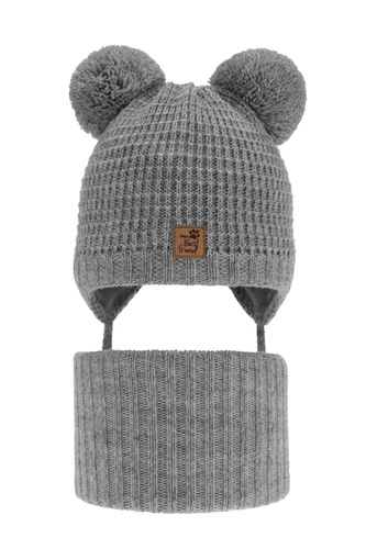 Ensemble d'hiver garçon: bonnet et snood, gris, avec deux pompons, avec liens, Krispi