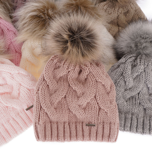 Bonnet d'hiver femme, rose, avec pompon, Terri