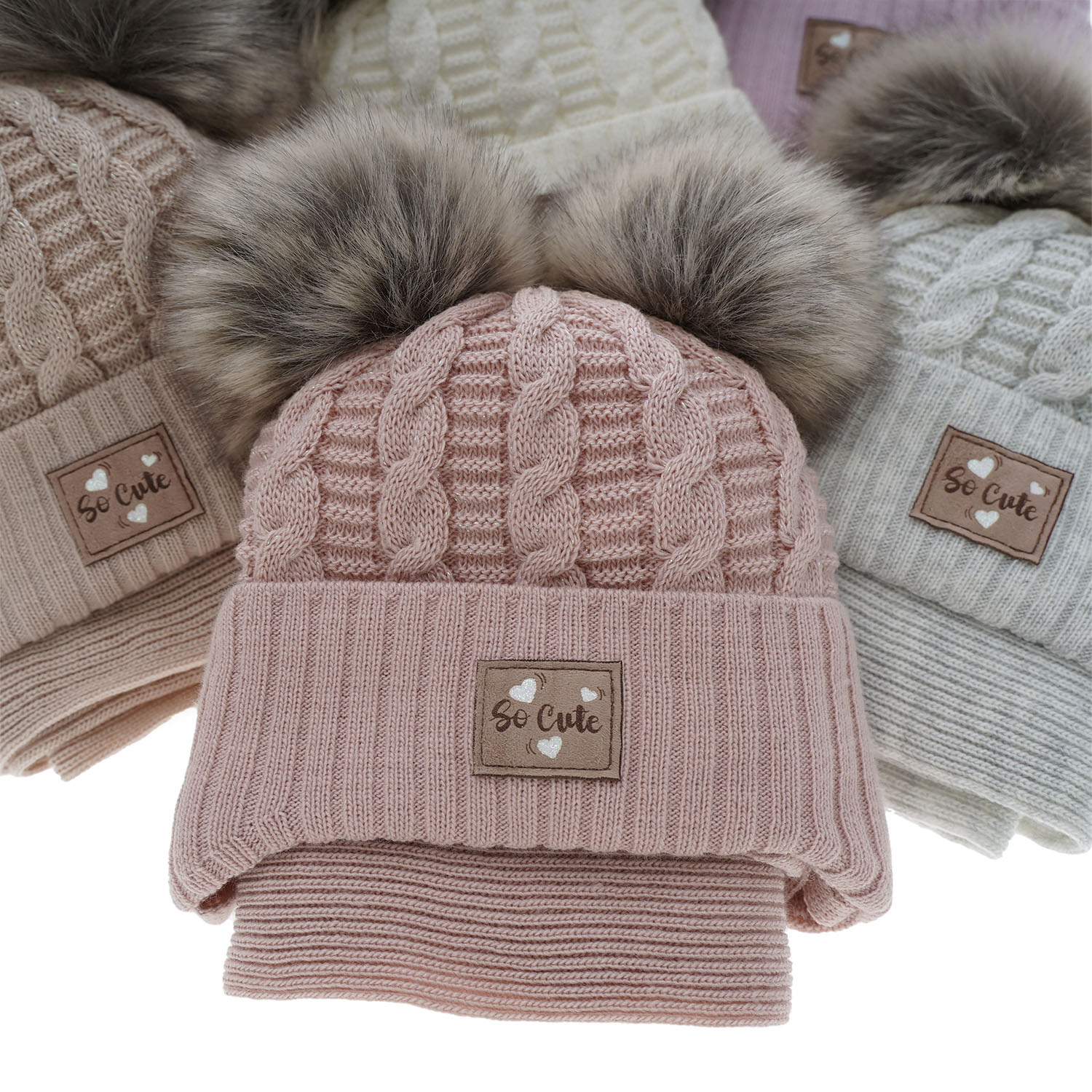 Meisjes winter set muts en sjaal, lila, met twee pompons garen, met garen, wiązany Klarita