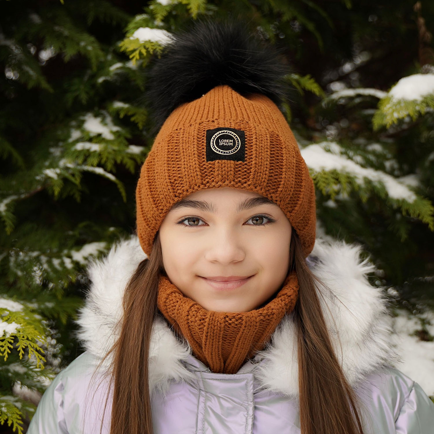 Meisjes winter set muts en buissjaal, bruin, met garen pompon, Hendi