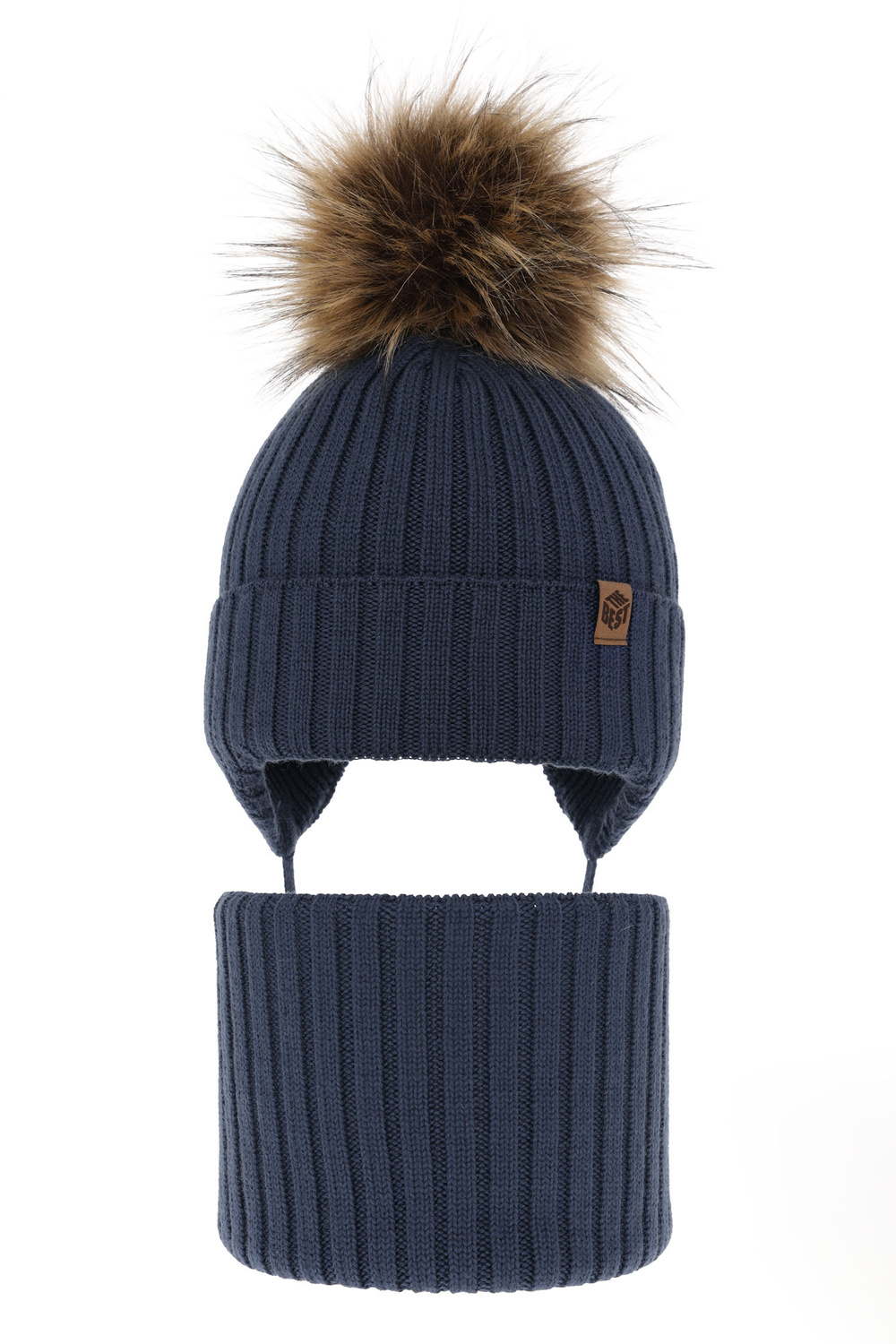 Ensemble d'hiver garçon: bonnet et snood, bleu, avec liens, avec laine mérinos, Juno