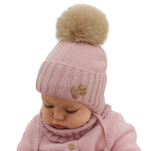 Ensemble d'hiver fille: bonnet et snood, rose, avec pompon, Talena