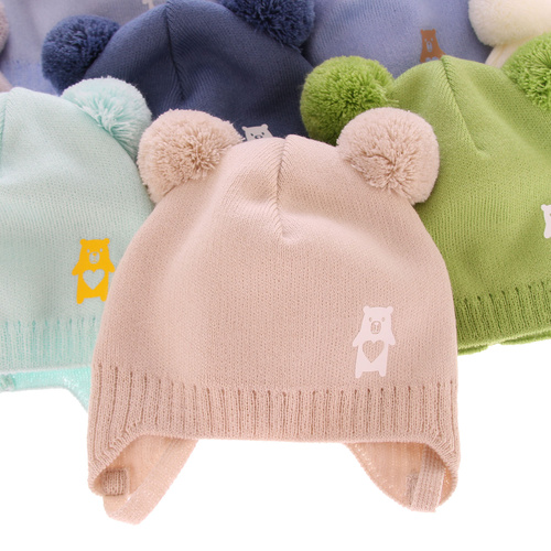 Bonnet automne/printemps garçon, vert, avec deux pompons, avec liens, Barney