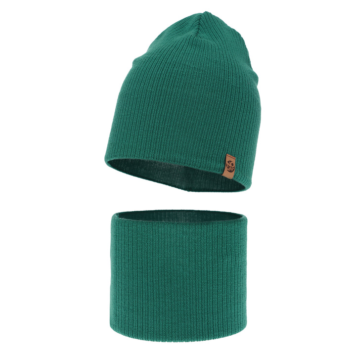 Ensemble automne/printemps garçon: bonnet et snood, vert émeraude, avec laine mérinos, Richi