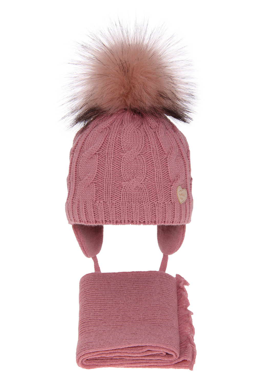 Meisjes winter set muts en sjaal, roze, met garen pompon, Morena