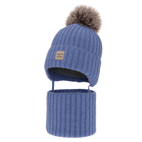 Ensemble d'hiver garçon: bonnet et snood, bleu, avec laine mérinos, doublé de polaire, avec liens, Morti