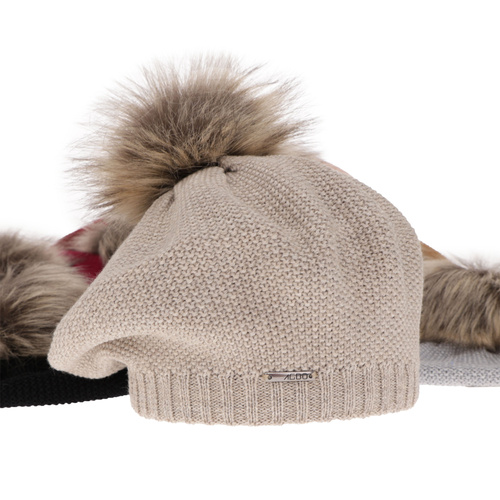 Beret d'hiver femme, beige, avec laine mérinos, Bonnie