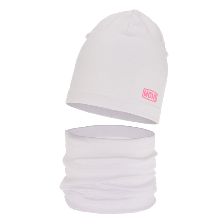 Ensemble automne/printemps fille: bonnet et snood, blanc, en coton, Friza