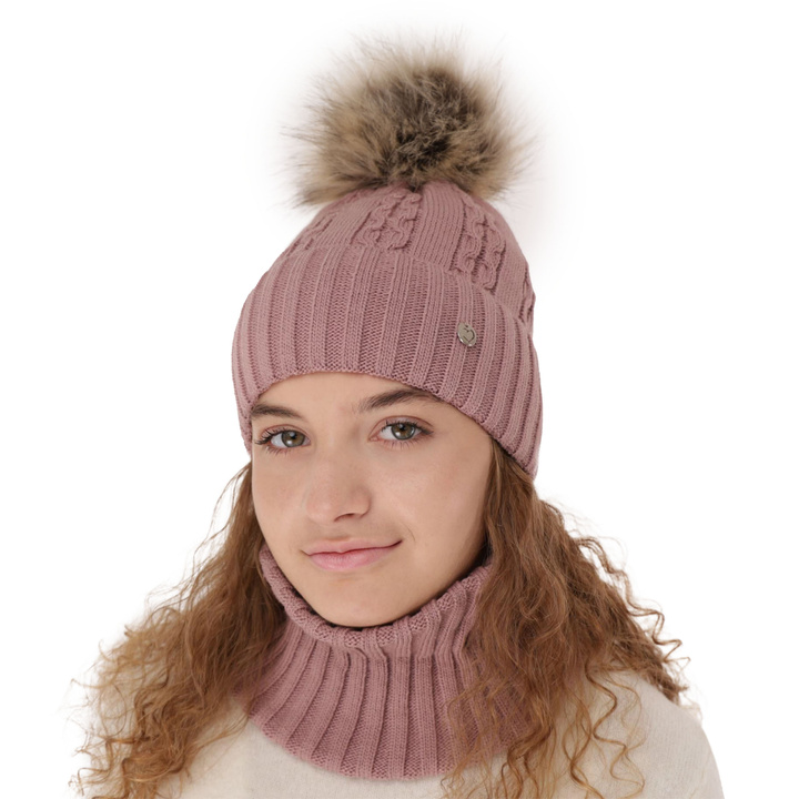 Ensemble d'hiver fille: bonnet et snood, violet, avec pompon, Felia