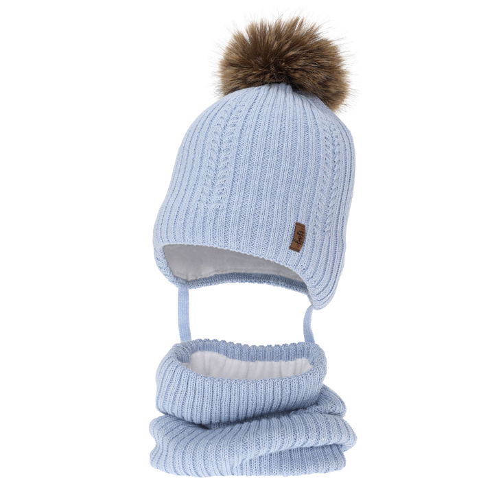 Ensemble d'hiver garçon: bonnet et snood, bleu, avec laine mérinos, avec liens, Zongo