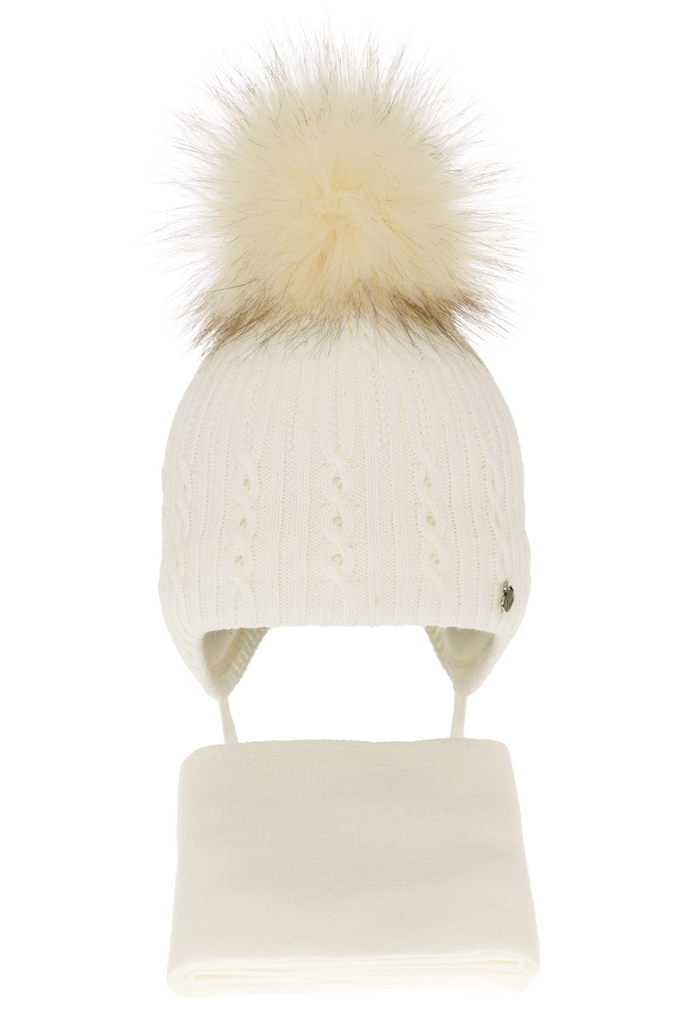 Ensemble d'hiver fille: bonnet et écharpe, crème, avec pompon, Amana