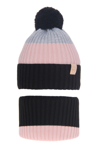 Meisjes winter set muts en buissjaal, zwart, met garen pompon, Indiana