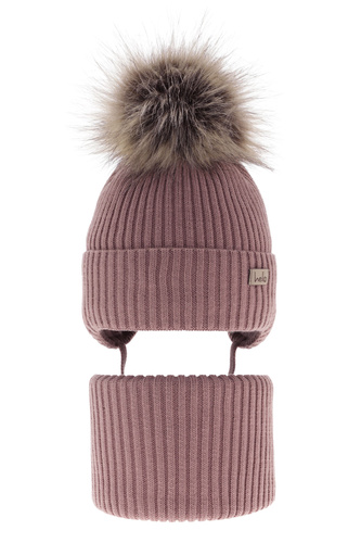 Ensemble d'hiver fille: bonnet et snood, violet, avec liens, avec pompon, Bria