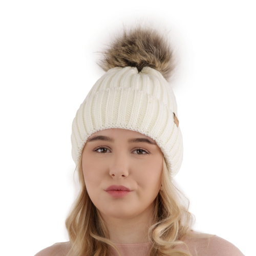 Bonnet d'hiver femme, crème, avec pompon, Europa