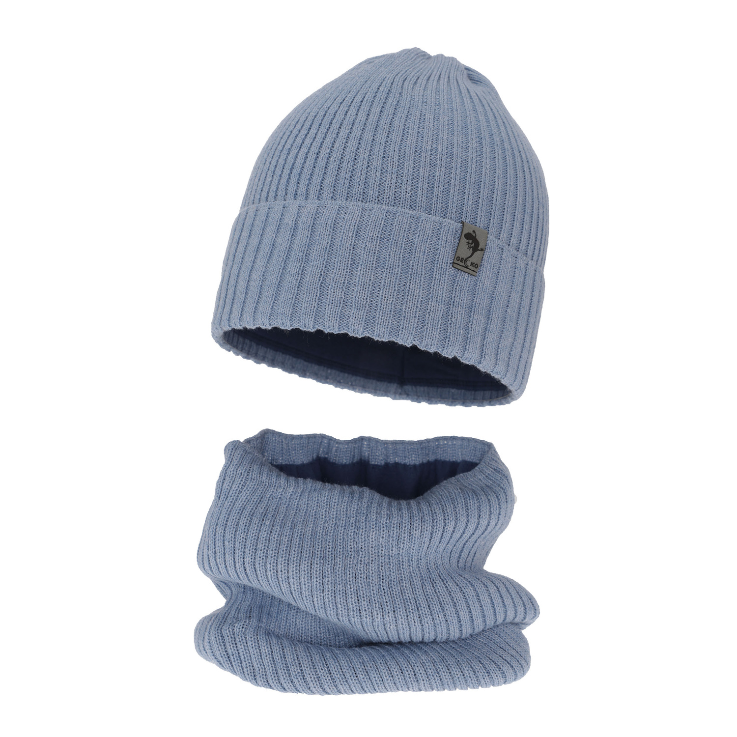 Ensemble d'hiver garçon: bonnet et snood, bleu clair, avec laine mérinos, Gecko