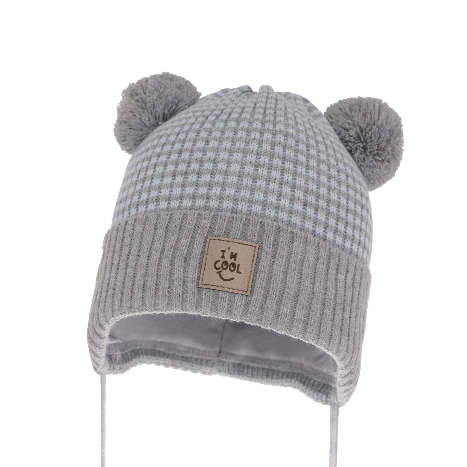 Bonnet automne/printemps garçon, grigio, avec deux pompons, avec liens, Laurent
