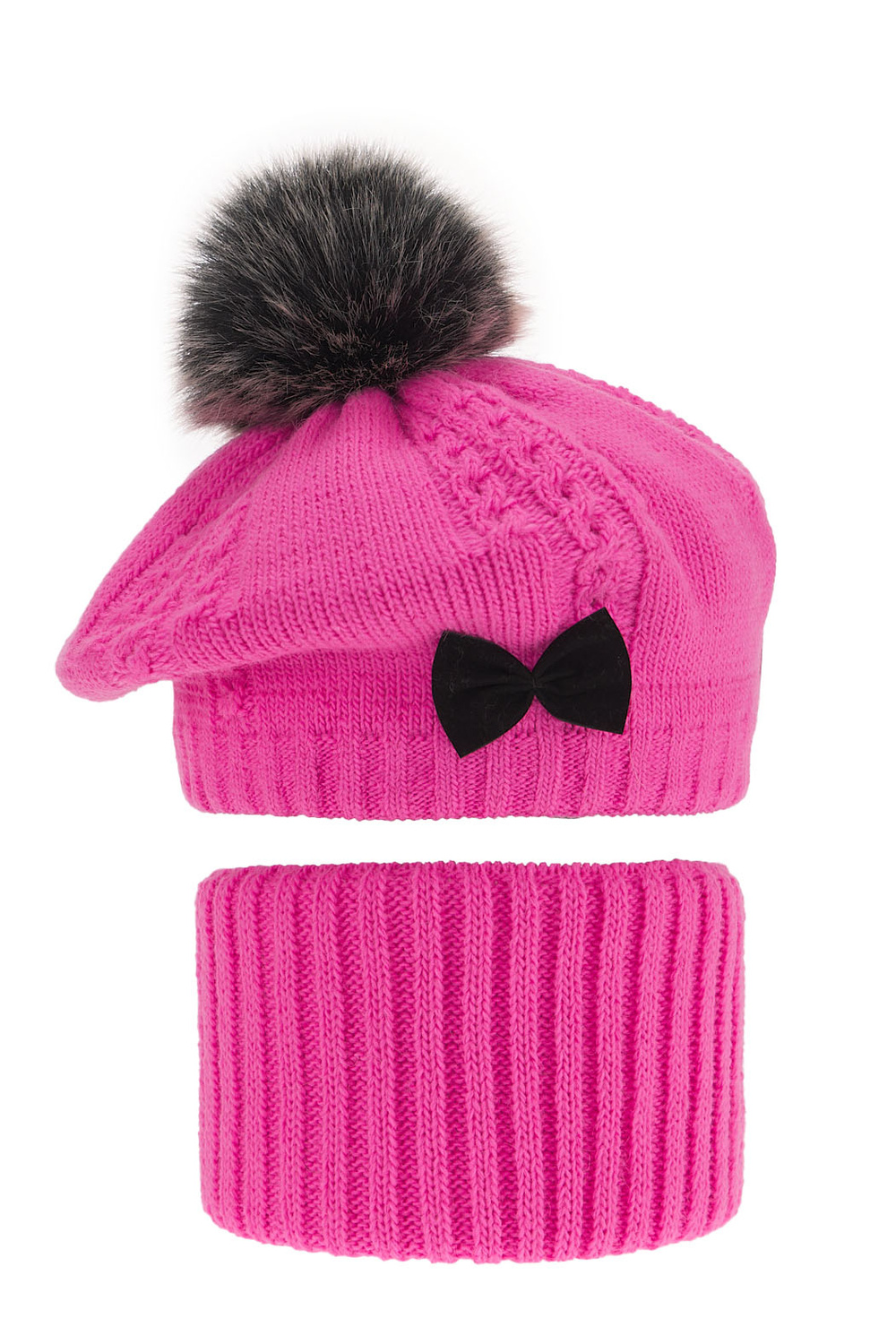 Meisjes winter set muts en buissjaal, roze, met garen pompon, Amora