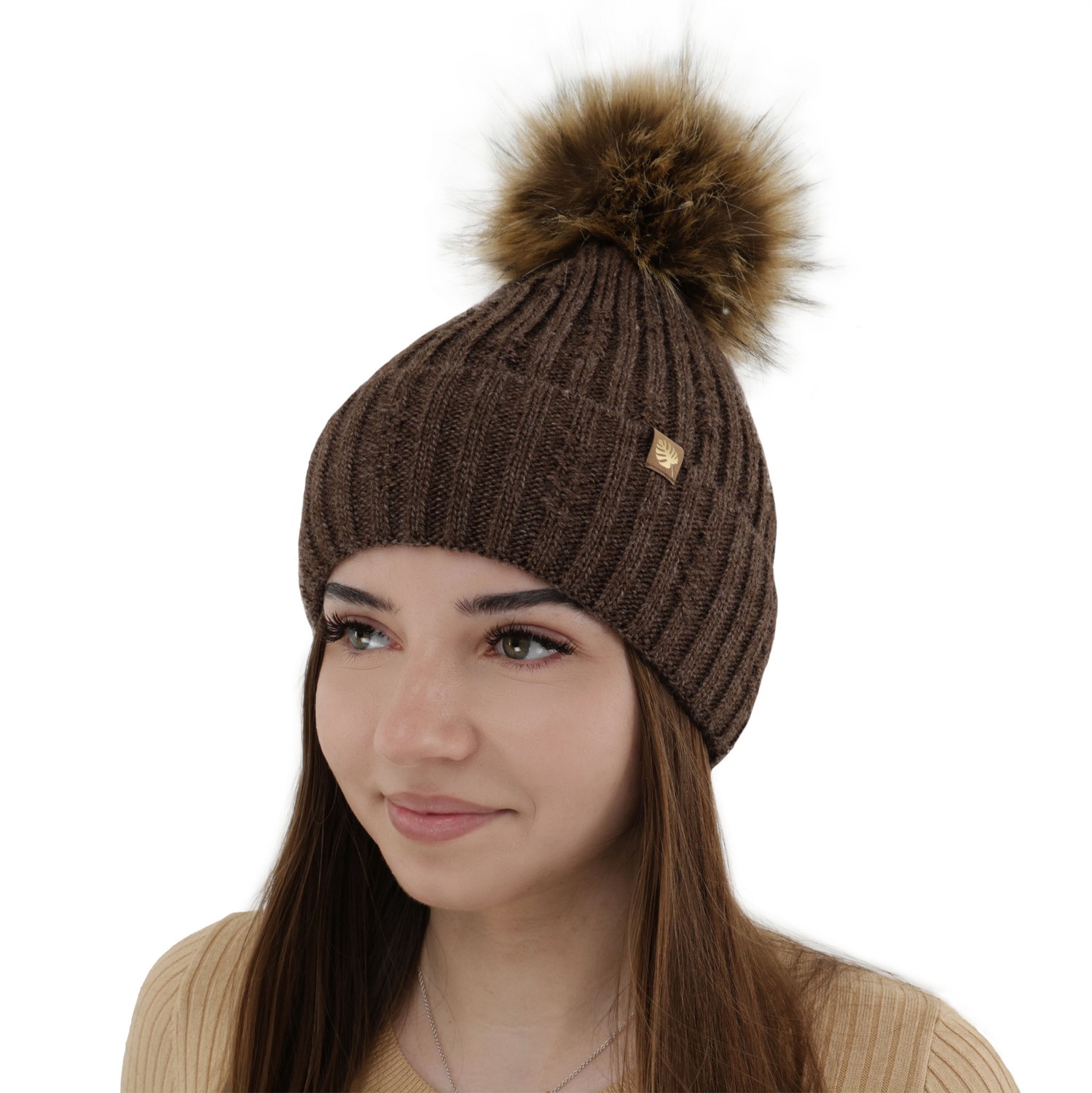 Bonnet d'hiver femme, crème, avec pompon, Savona