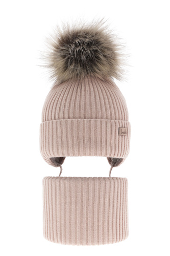 Ensemble d'hiver fille: bonnet et snood, beige, avec liens, Bria