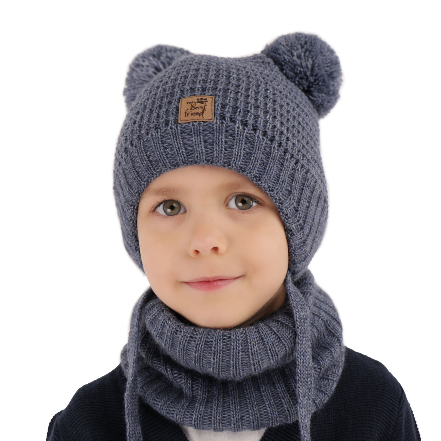 Ensemble d'hiver garçon: bonnet et snood, gris, avec deux pompons, avec liens, Krispi