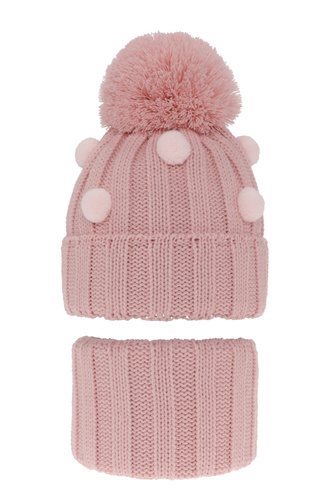 Ensemble d'hiver fille: bonnet et snood, rose, avec pompon, Hekate