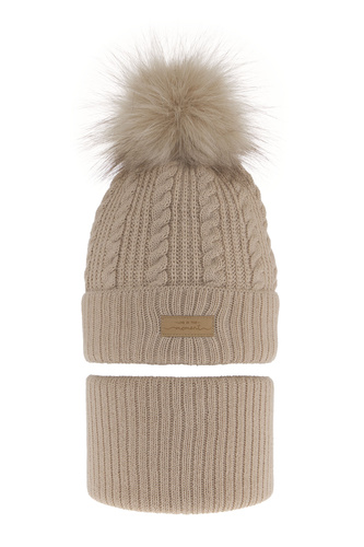 Ensemble d'hiver fille: bonnet et snood, beige, avec pompon, Alika