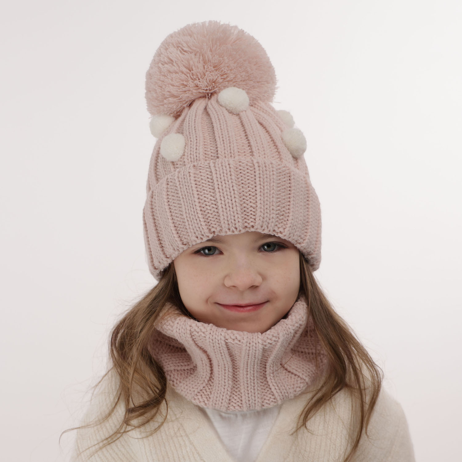 Ensemble d'hiver fille: bonnet et snood, crème, avec pompon, Hekate