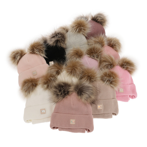 Ensemble d'hiver fille: bonnet et snood, gris, avec deux pompons, avec liens, Kiara