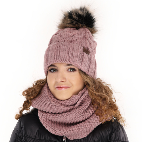 Ensemble d'hiver fille: bonnet et snood, gris, avec pompon, Torina