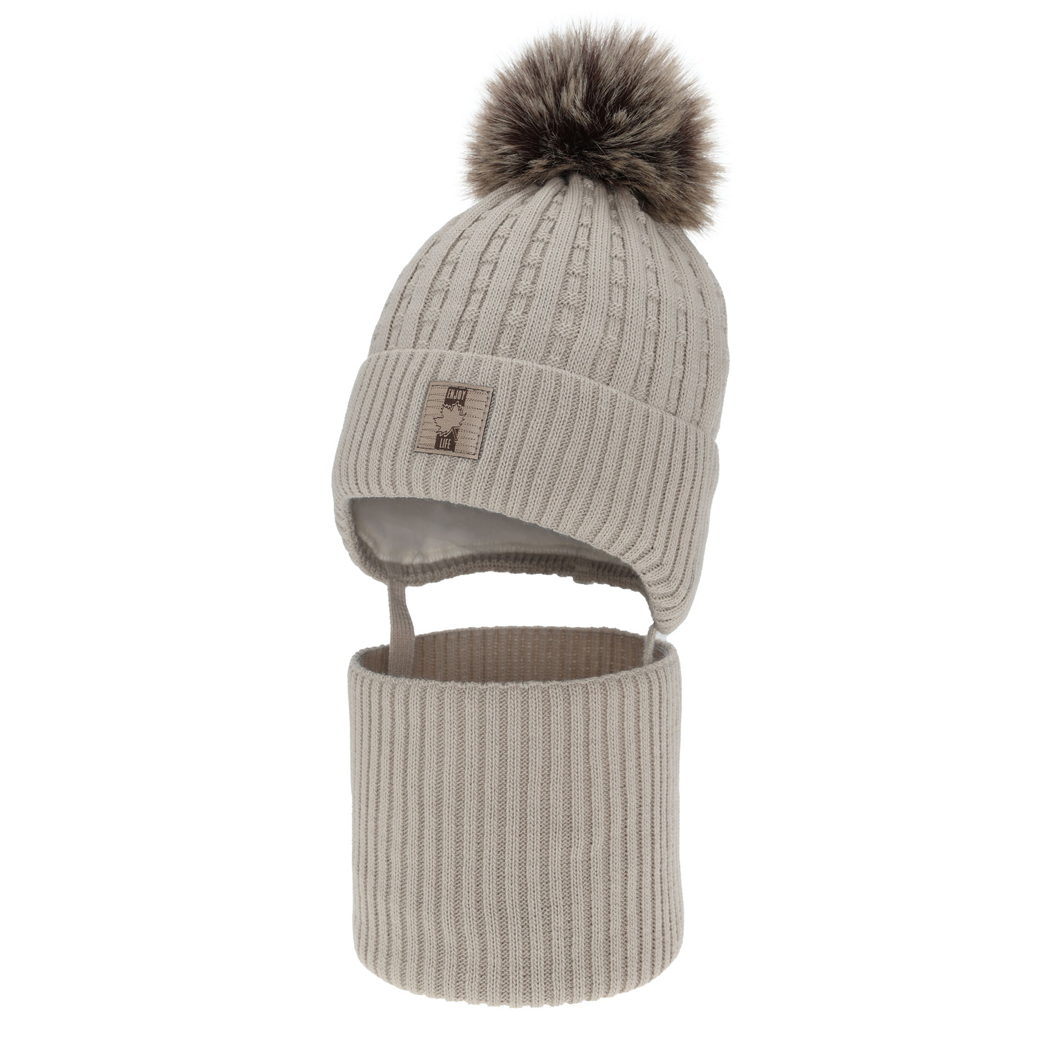 Ensemble d'hiver garçon: bonnet et snood, beige, avec pompon, Fiamanto