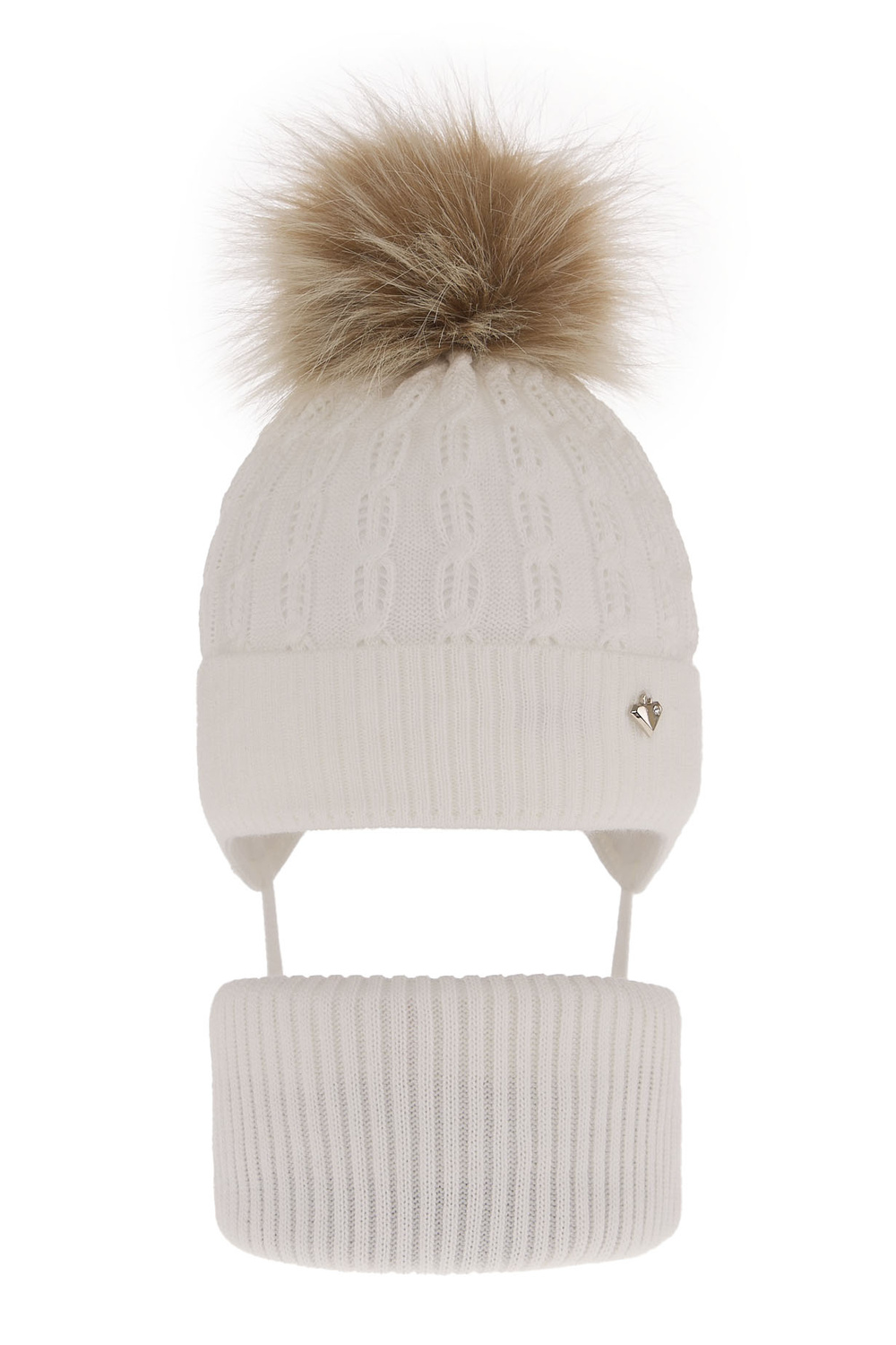 Ensemble d'hiver fille: bonnet et snood, blanc, avec pompon, avec liens, Tukana