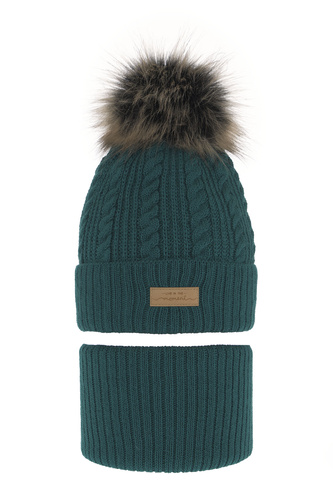 Ensemble d'hiver fille: bonnet et snood, avec pompon, szmaragdowy, Alika