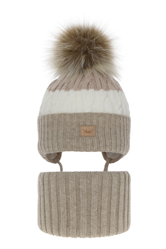 Meisjes winter set muts en buissjaal, beige, met garen pompon, Riviera