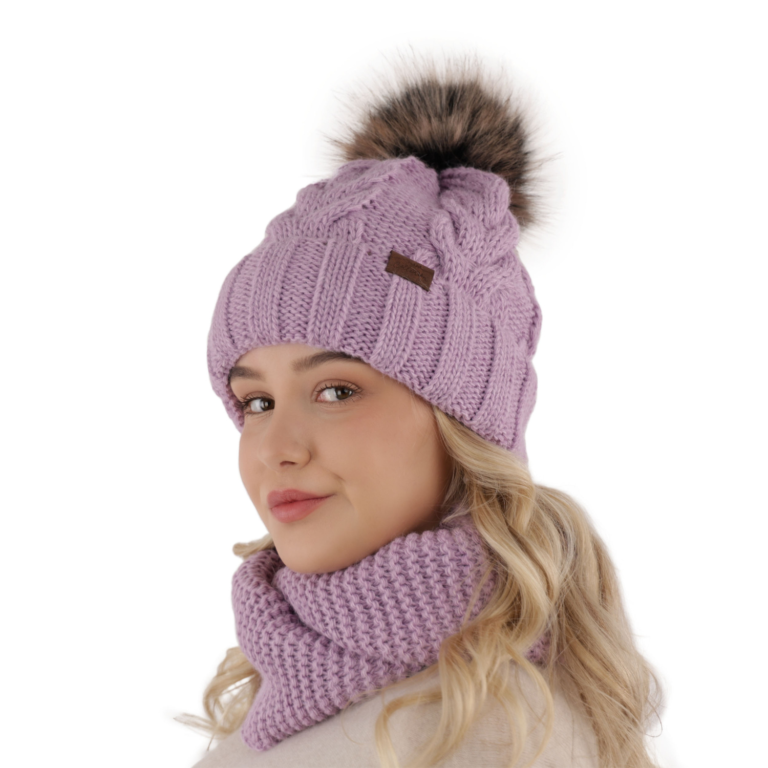 Ensemble d'hiver fille: bonnet et snood, rose, avec pompon, Torina