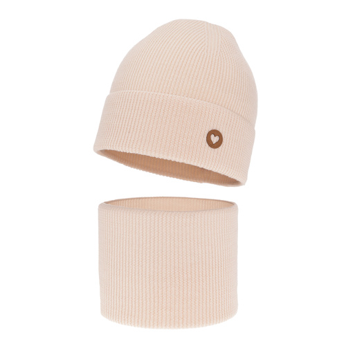 Ensemble automne/printemps fille: bonnet et snood, rose clair, avec laine mérinos, Brook