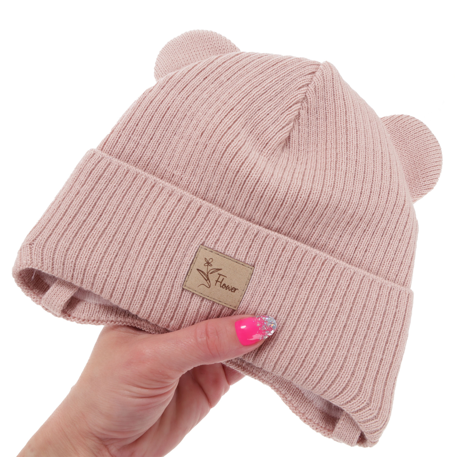 Meisjes herfst/lente muts, roze, met bindkoorden, Djona