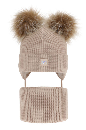 Ensemble d'hiver fille: bonnet et snood, beige, avec deux pompons, avec liens, Kiara