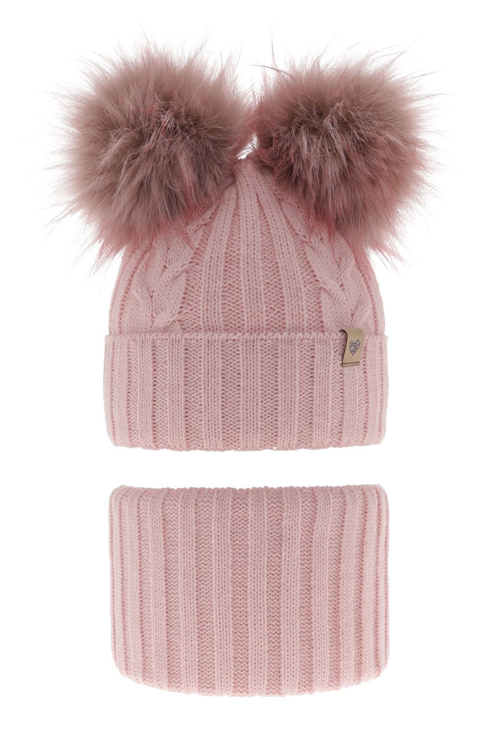 Ensemble d'hiver fille: bonnet et snood, rose, avec deux pompons, Amala