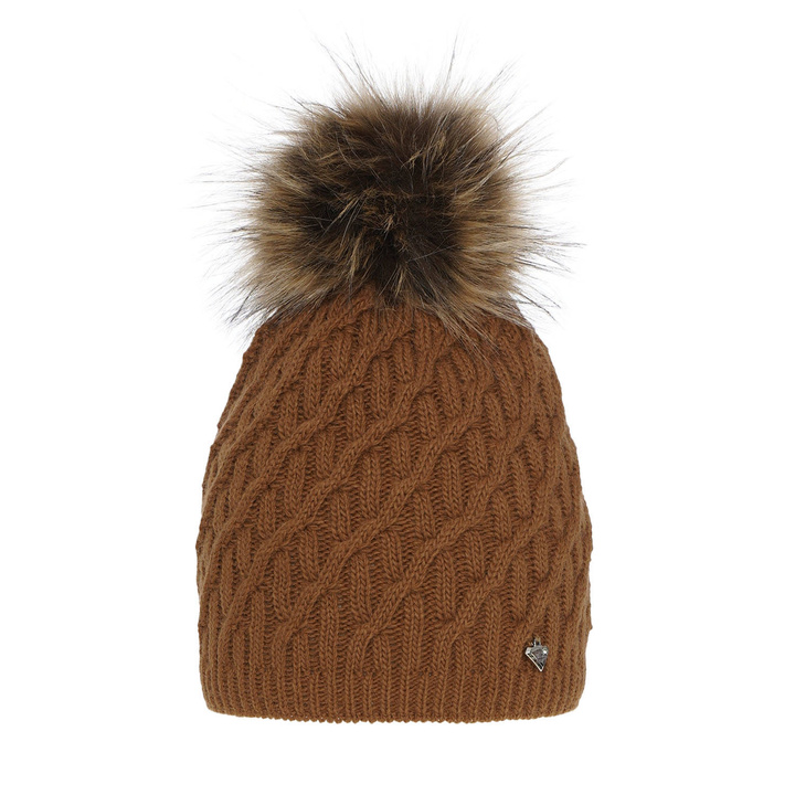 Dames wintermuts, camel, met garen pompon, Kaskada