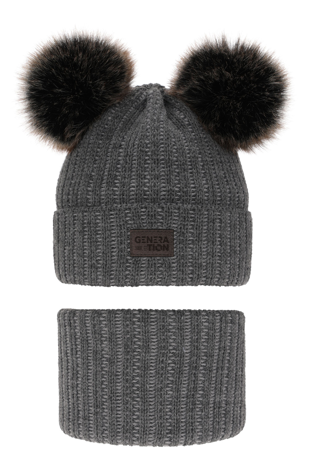 Ensemble d'hiver garçon: bonnet et snood, gris, avec deux pompons, Tokio
