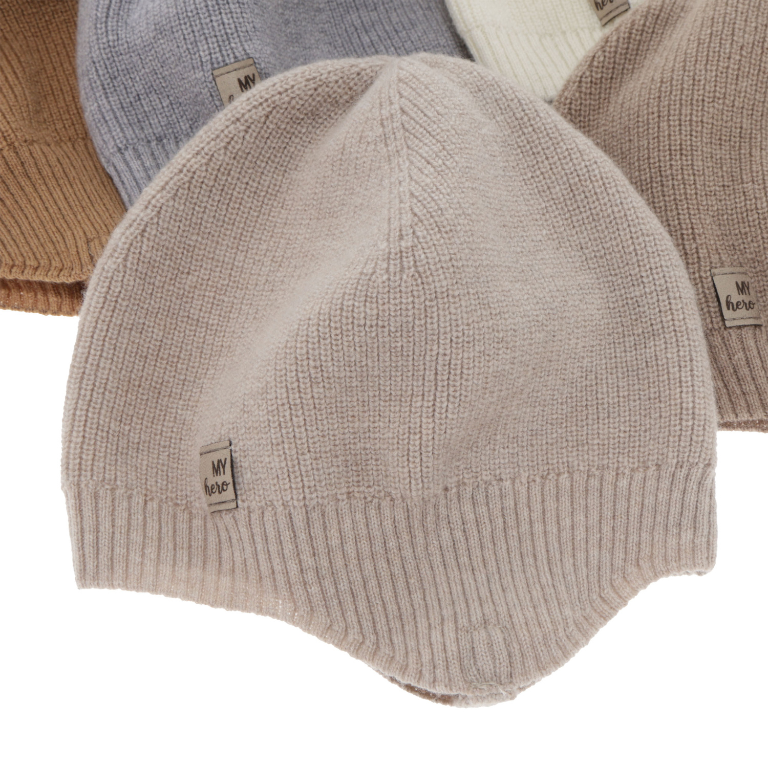 Jongens herfst/lente muts, camel, met merinowol, met bindkoorden, Tono