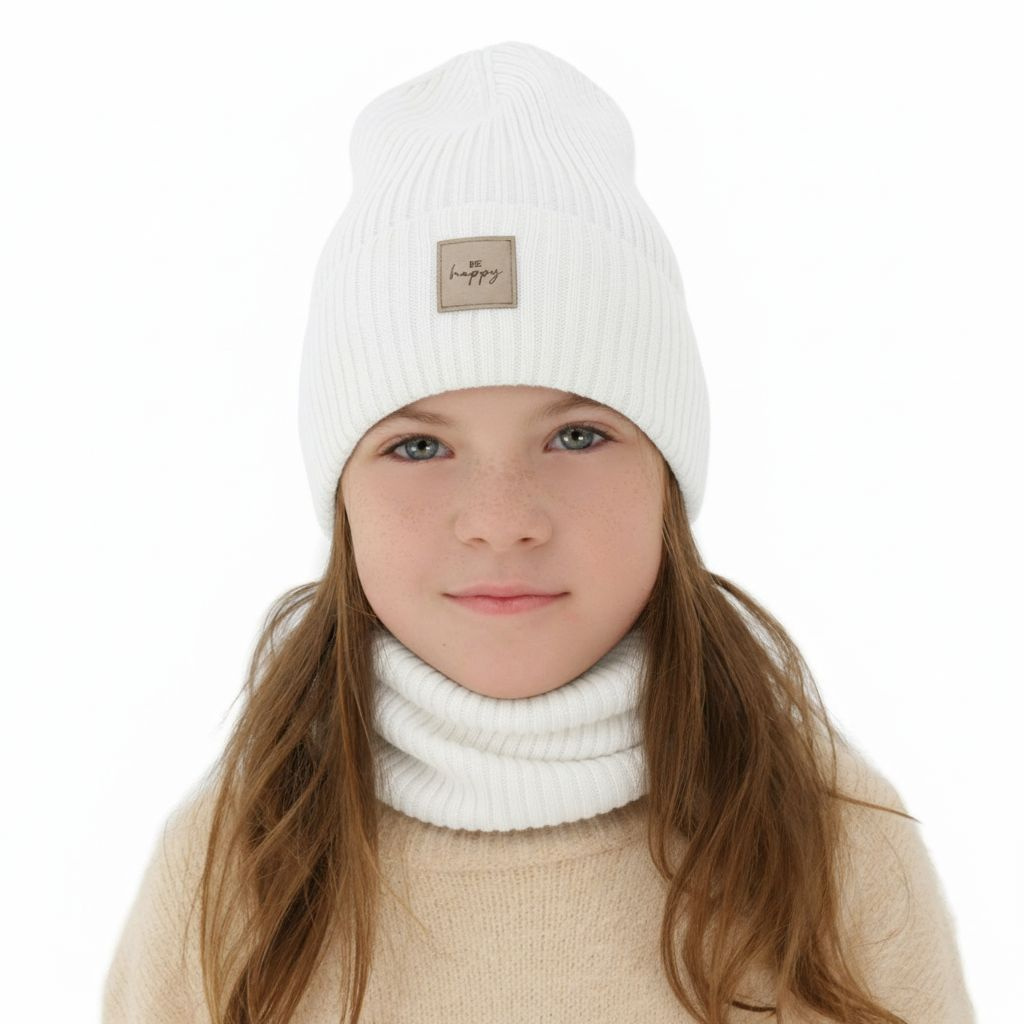 Ensemble automne/printemps fille: bonnet et snood, blanc, avec laine mérinos, Vanita